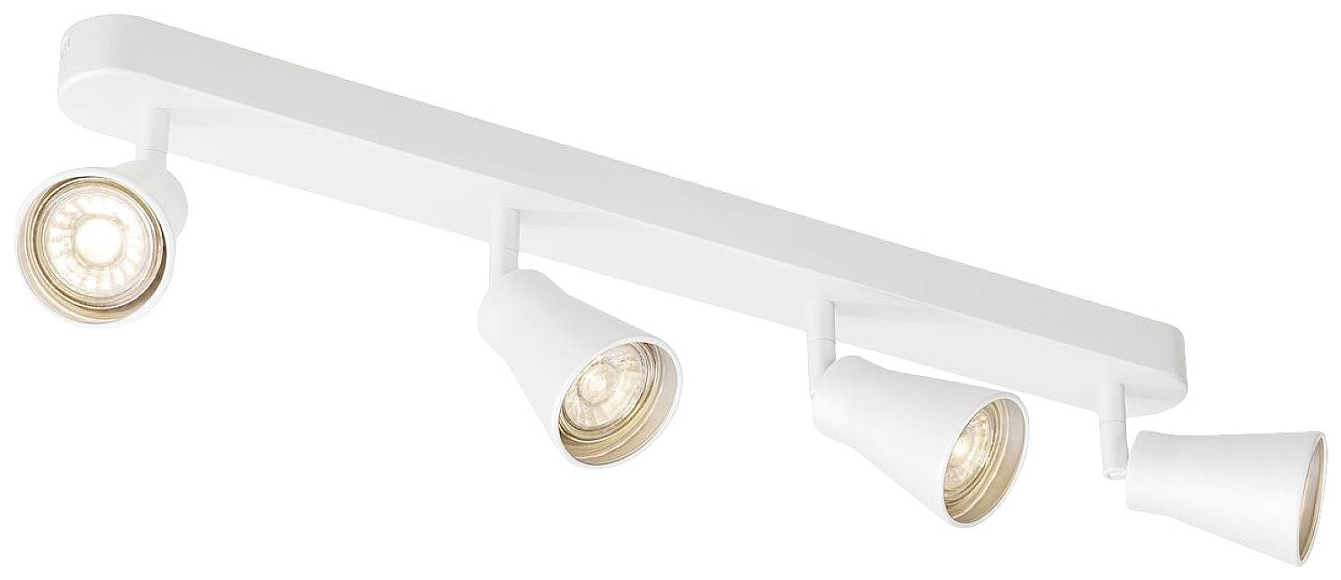 Weiße Deckenleuchte mit vier schwenkbaren Strahlern, die in verschiedene Richtungen ausgerichtet sind.