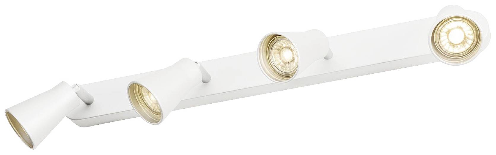 Vierstrahliger, weißer Deckenstrahler mit verstellbaren Lampenköpfen zur gezielten Beleuchtung eines Raumes.