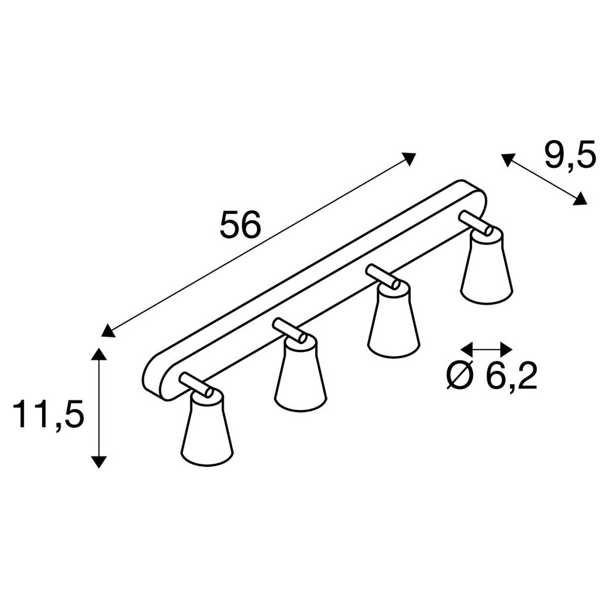 Schwarz-weiße technische Zeichnung einer vierköpfigen Deckenleuchte. Maße: 56 cm Breite, 11,5 cm Höhe, 9,5 cm Tiefe, Lampendurchmesser 6,2 cm.