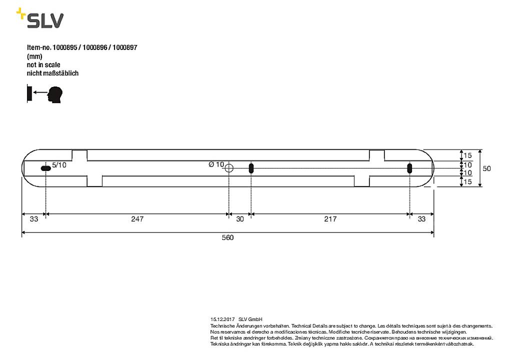 Technische Zeichnung einer Leuchte von SLV. Maße und Abstände sind in Millimetern angegeben. Oben links steht 'nicht maßstäblich'.