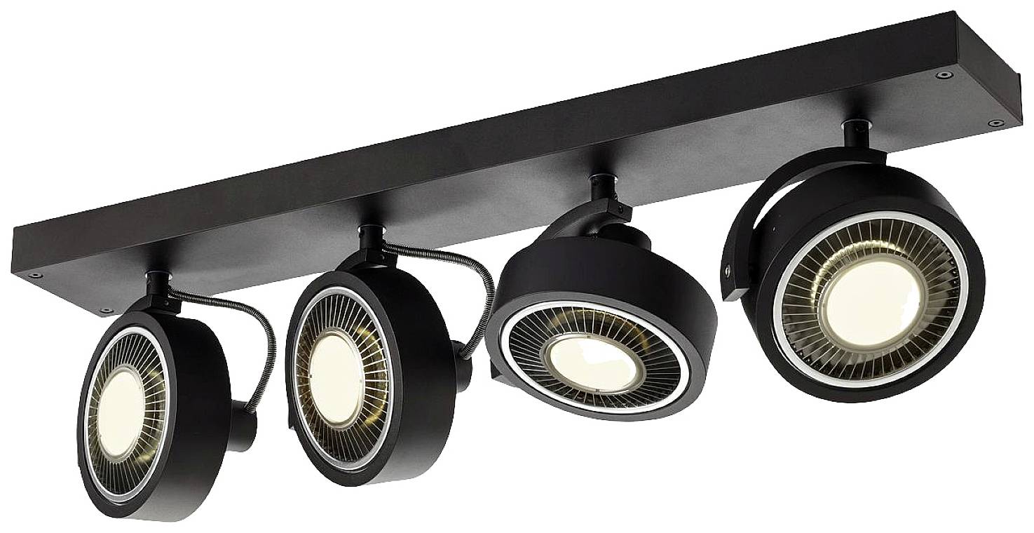 Vier schwarze, runde, verstellbare Deckenstrahler an einer rechteckigen Halterung zeigen nach unten, ideal für gerichtetes Licht.