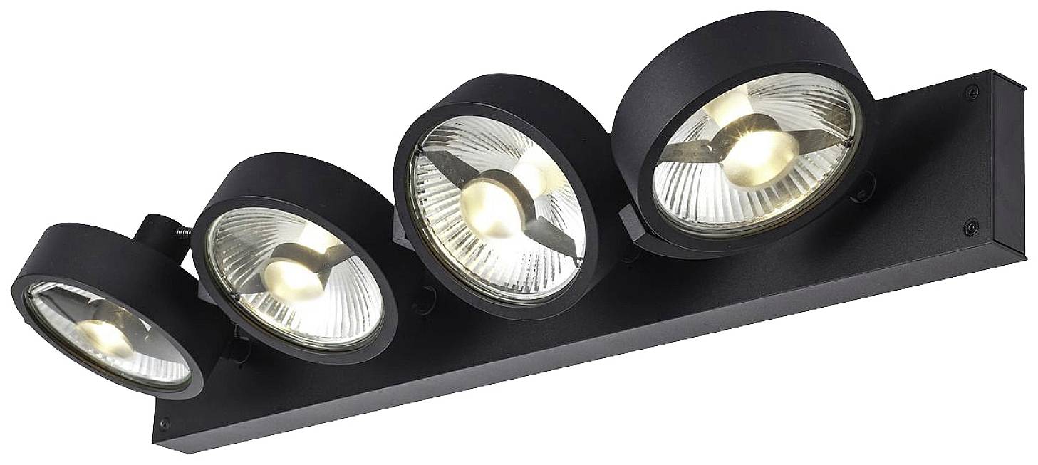 Schwarze, vierflammige Deckenleuchte mit runden LED-Spots, die nach unten gerichtet sind. Eignung für moderne Innenräume.