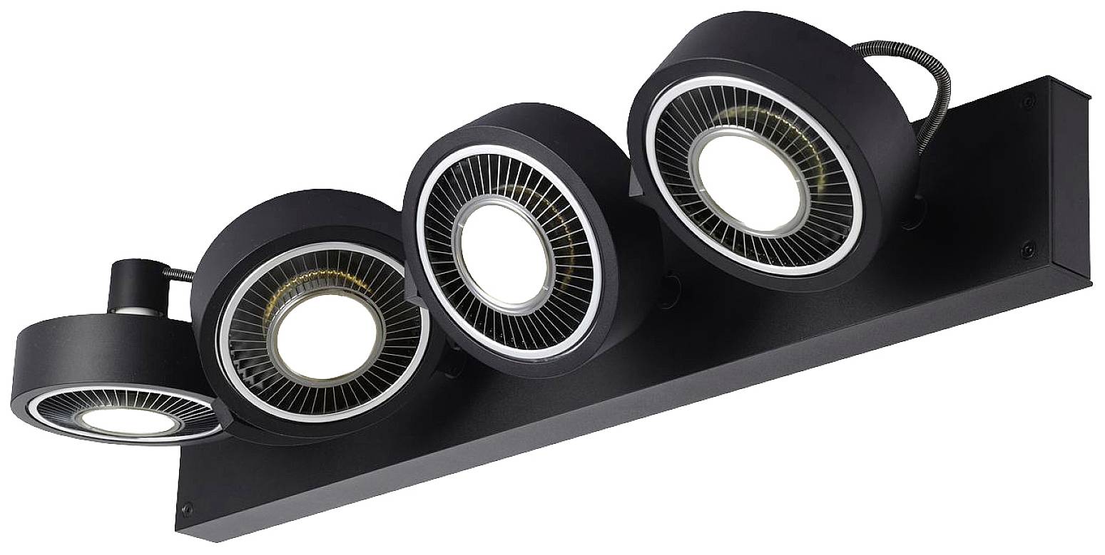 Schwarze Deckenleuchte mit vier runden, schwenkbaren Strahlern in modernem Design, geeignet für gezielte Beleuchtung in Räumen.