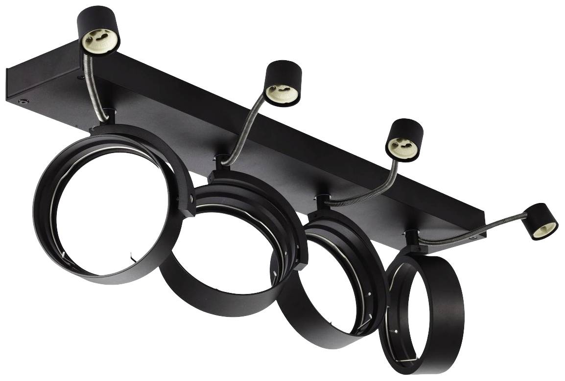 Moderne schwarze Deckenleuchte mit mehreren verstellbaren Ringen, die nach unten strahlen. Elegantes, minimalistisches Design.