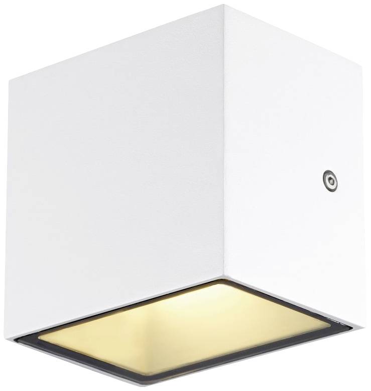 Weiße, quadratische Deckenleuchte mit warmem Lichtschein nach unten. Minimalistisches Design, geeignet für moderne Innenausstattung.