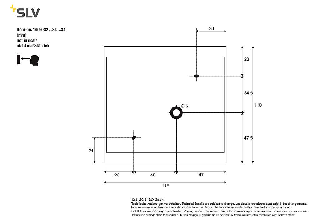 Technische Zeichnung eines quadratischen Elements mit Bemaßungen und Montagedetails. Nicht maßstabsgetreu dargestellt.