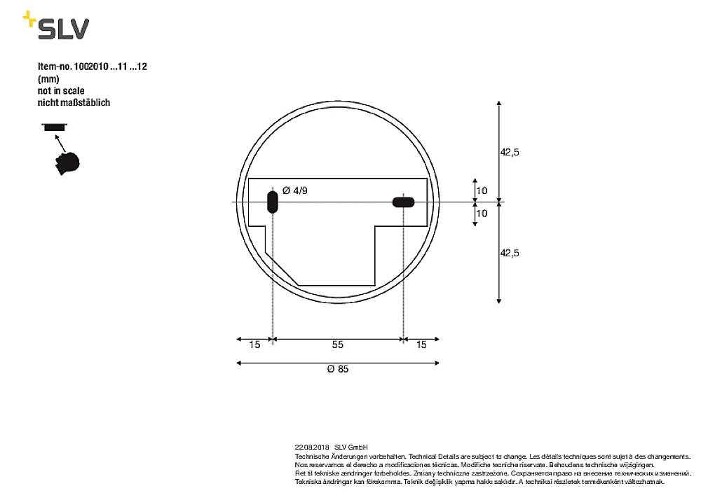 'Technische Zeichnung einer runden Leuchte mit Maßen. Durchmesser 170 mm, Tiefe 85 mm. Oben steht: 