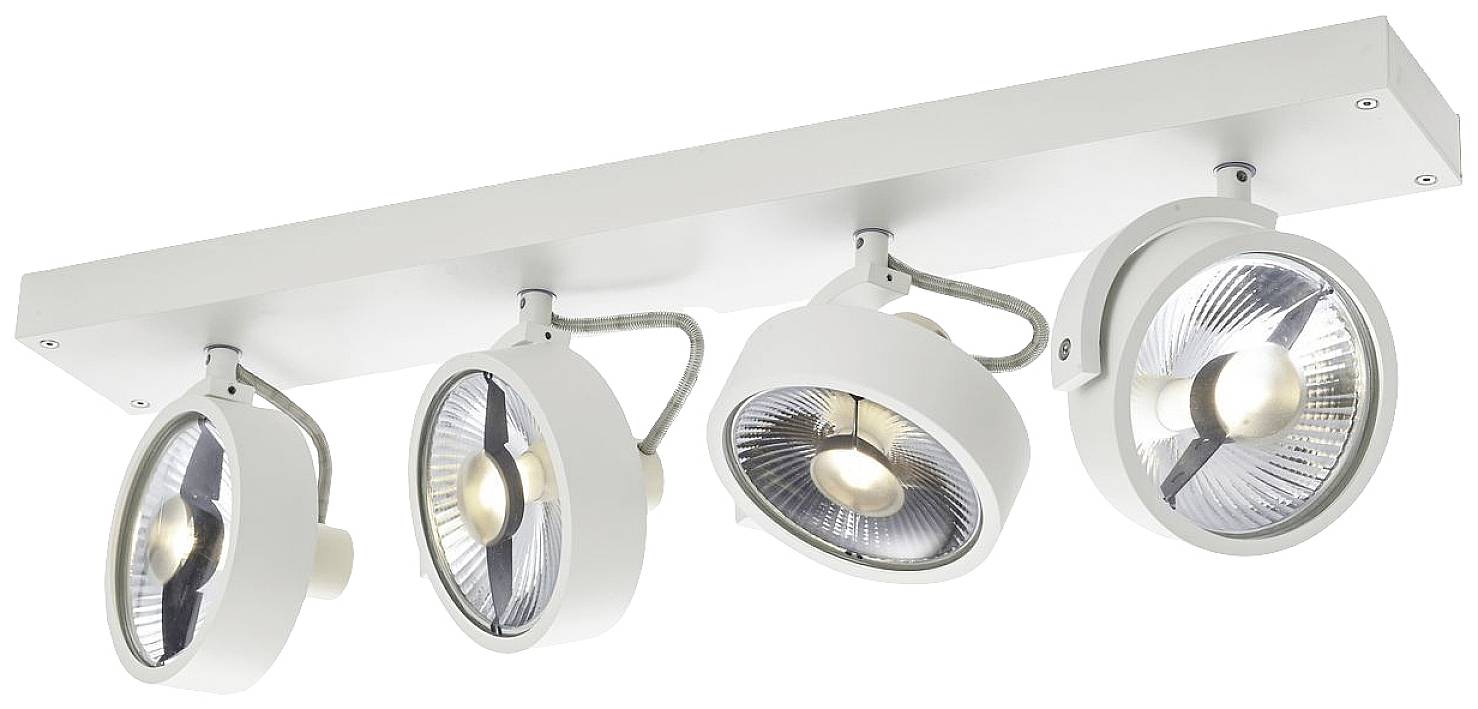 Vier weiße, moderne Deckenstrahler an einer rechteckigen Halterung, ausgerichtet in verschiedene Richtungen zur Beleuchtung.