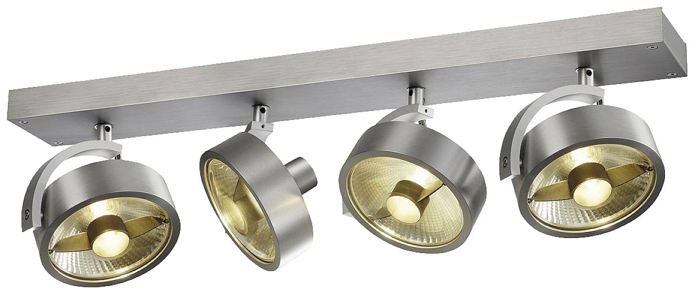 Eine moderne Deckenleuchte mit vier verstellbaren, runden Strahlern in silbernen Fassungen, montiert auf einer geraden Leiste.