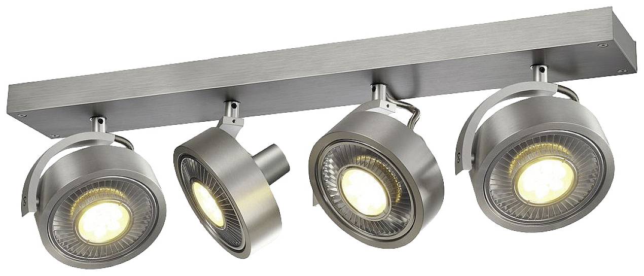 Metallische Deckenleuchte mit vier einstellbaren LED-Spots in Reihe montiert.