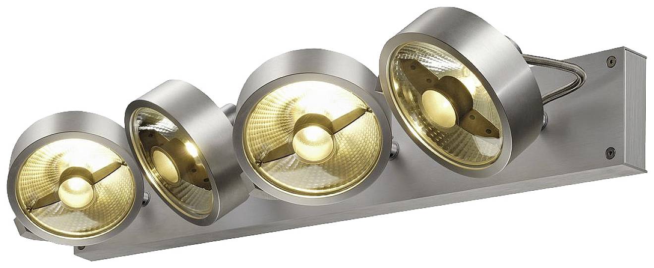 Vier schwenkbare Deckenstrahler in chromfarbenem Gehäuse, geben warmweißes Licht ab und bieten flexible Beleuchtungslösungen.