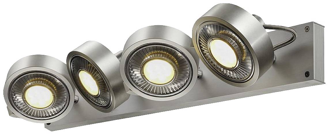 Ein moderner LED-Strahler mit vier runden Leuchten in Metalloptik, montiert an einer rechteckigen Halterung.