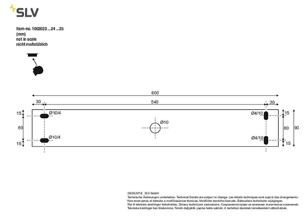 Technische Zeichnung einer rechteckigen Leuchte mit Maßen: Breite 200 mm, Länge 600 mm. Positionen von Befestigungslöchern angegeben.