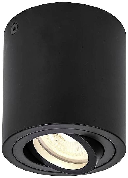 Schwarze zylindrische Deckenleuchte mit einem schwenkbaren Spotstrahler, der nach unten leuchtet.