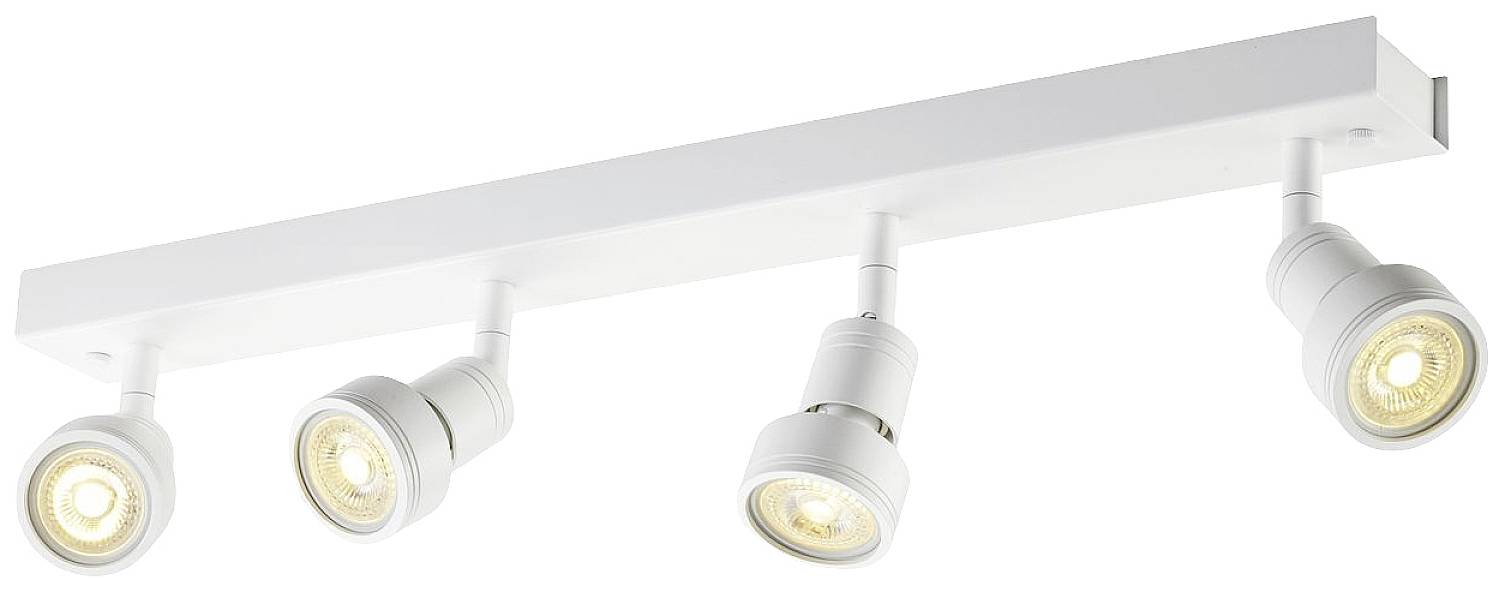 Eine weiße LED-Deckenschiene mit vier verstellbaren Strahlern, die warmes Licht abstrahlen. Ideal zur Ausleuchtung von Innenräumen.