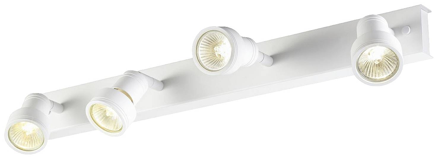 Vier flache, weiße Strahlerlampen sind an einer Leiste montiert, alle leuchten in unterschiedliche Richtungen.