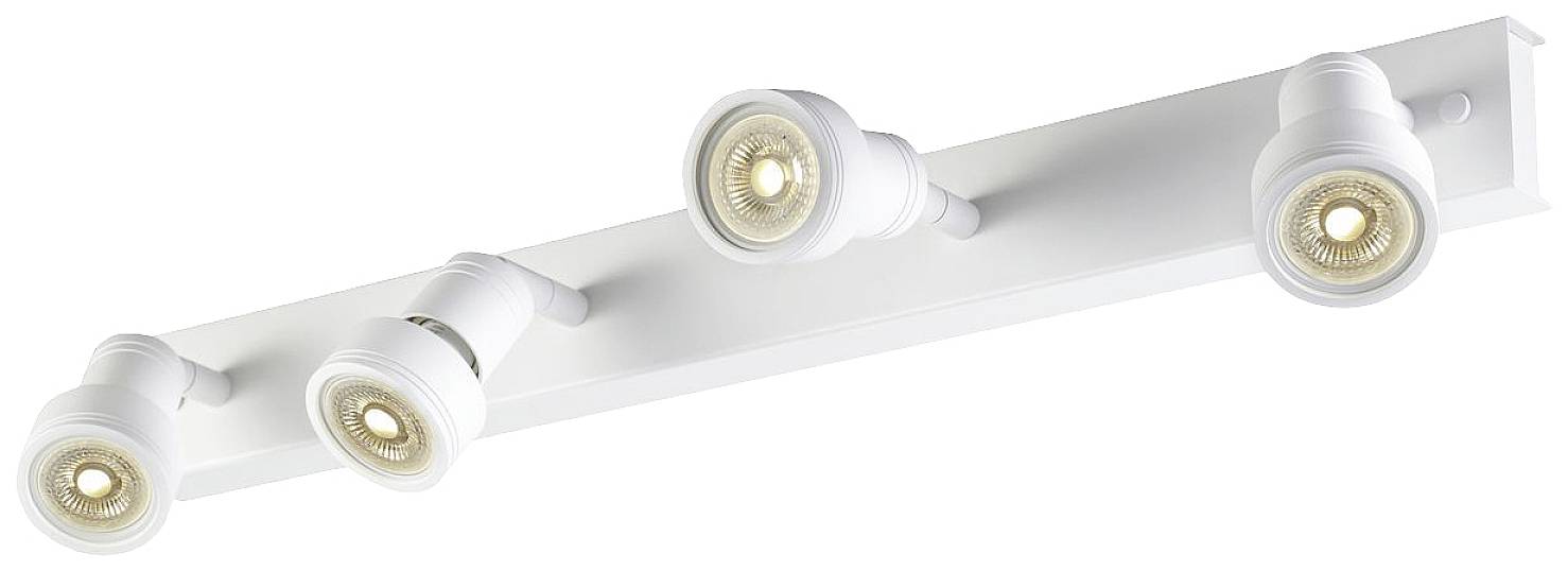 Weiße Deckenleuchte mit vier verstellbaren Spots, die warmes Licht spenden. Geeignet zur Beleuchtung großer Räume oder spezieller Bereiche.