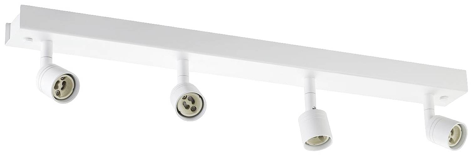 Ein weißes Schienenbeleuchtungssystem mit vier einstellbaren Leuchtköpfen, die in verschiedene Richtungen zeigen.