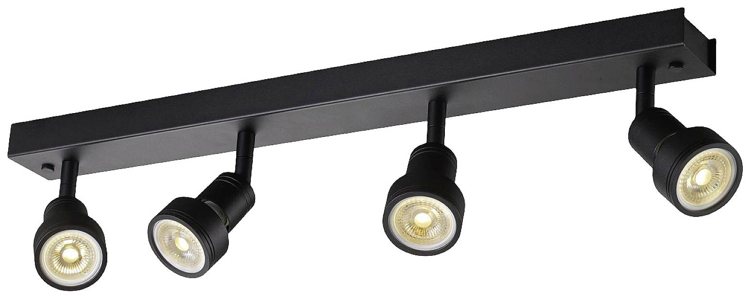 Spotleiste mit vier verstellbaren, schwarzen LED-Spots an einer länglichen schwarzen Basis, geeignet für gezielte Beleuchtung.