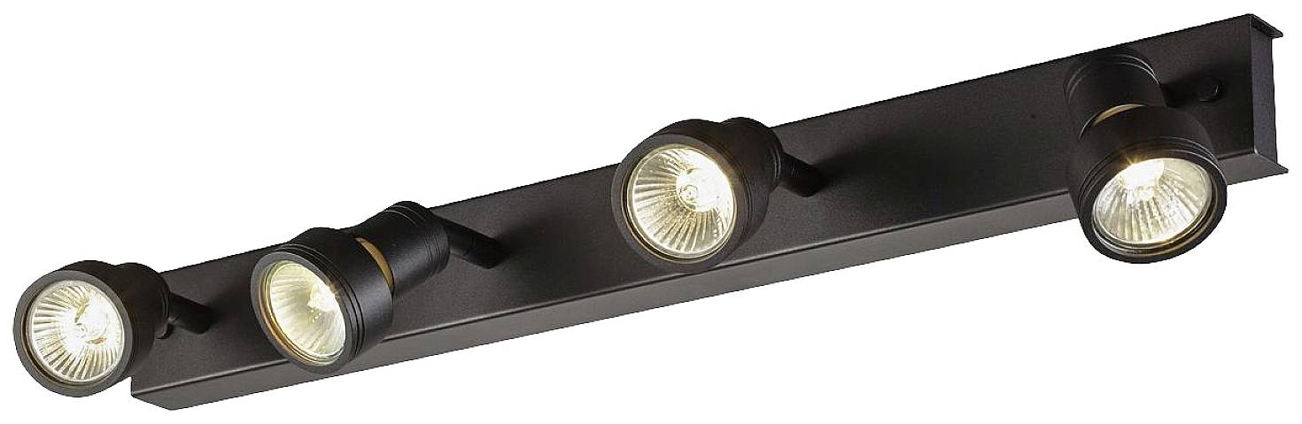 Vier schwarze Deckenstrahler mit schwenkbaren Köpfen, die warmes Licht ausstrahlen, auf einer rechteckigen Halterung montiert.