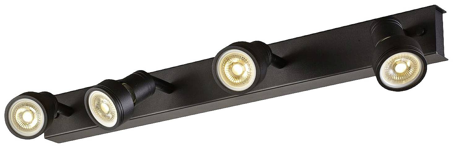 Schwarze Deckenleuchte mit vier verstellbaren, runden Spotlichtern. Geeignet zur gezielten Beleuchtung von Innenräumen.