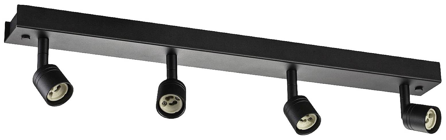 Vierstrahliger schwarzer Deckenstrahler mit verstellbaren Lampenfassungen. Ideal zur Ausleuchtung von Räumen und spezifischen Bereichen.