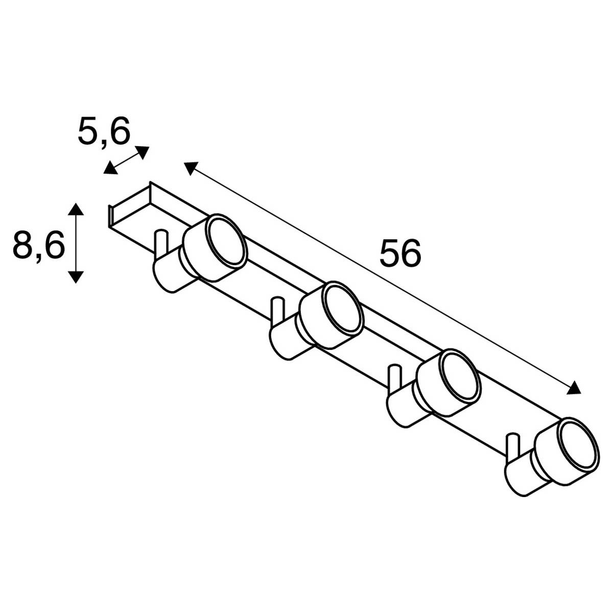 Strichzeichnung einer Lampenleiste mit vier individuell verstellbaren Spots. Maße: Länge 56 cm, Höhe 8,6 cm, Tiefe 5,6 cm.