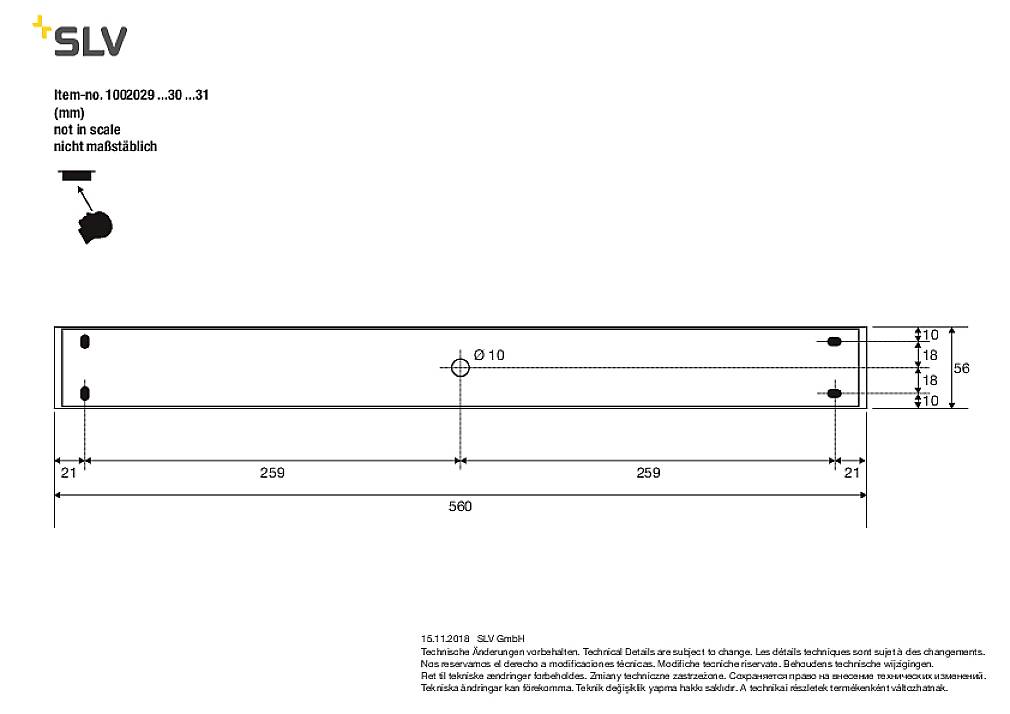 Technische Zeichnung einer Leuchte von SLV mit Längenmaßen 21, 259, und 21 mm. Nicht maßstabsgerecht. Artikelnummer 1002029 -30 ...-31.