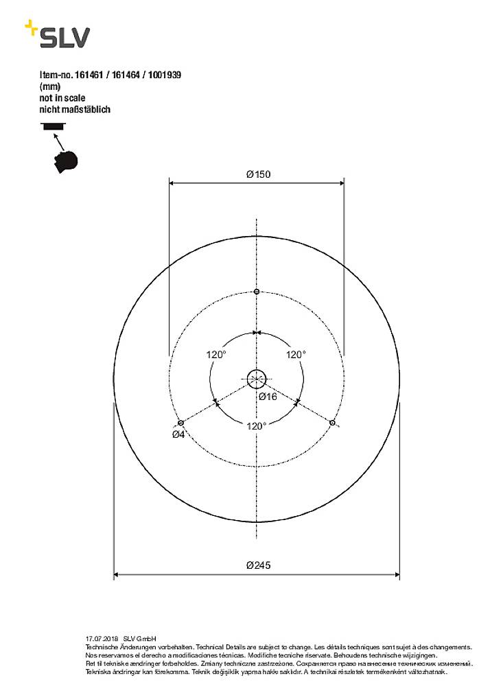 Technische Zeichnung einer runden Deckenleuchte mit Maßen und Bohrlöchern. Durchmesser außen 245 mm, innen 150 mm. Oberansicht.