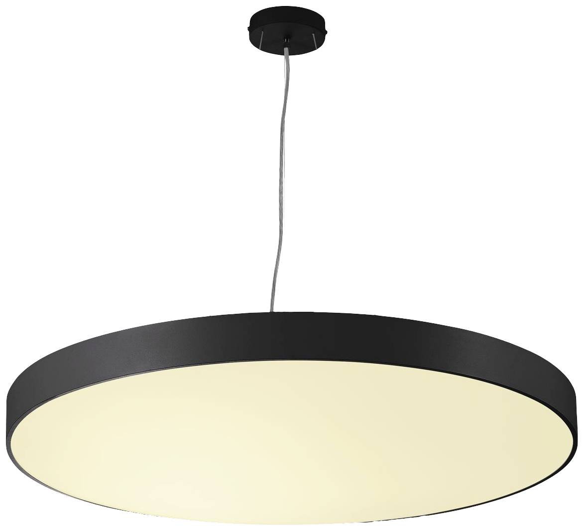 Eine runde, moderne Hängelampe mit schwarzem Rahmen und warmweißem Licht, aufgehängt an einem dünnen Kabel.