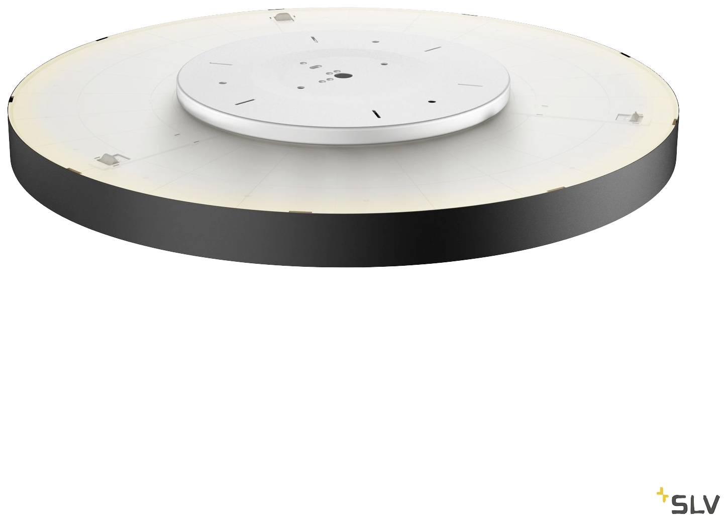 LED-Deckenleuchte mit rundem, flachem Design in Schwarz und Weiß, geeignet für moderne Innenräume.