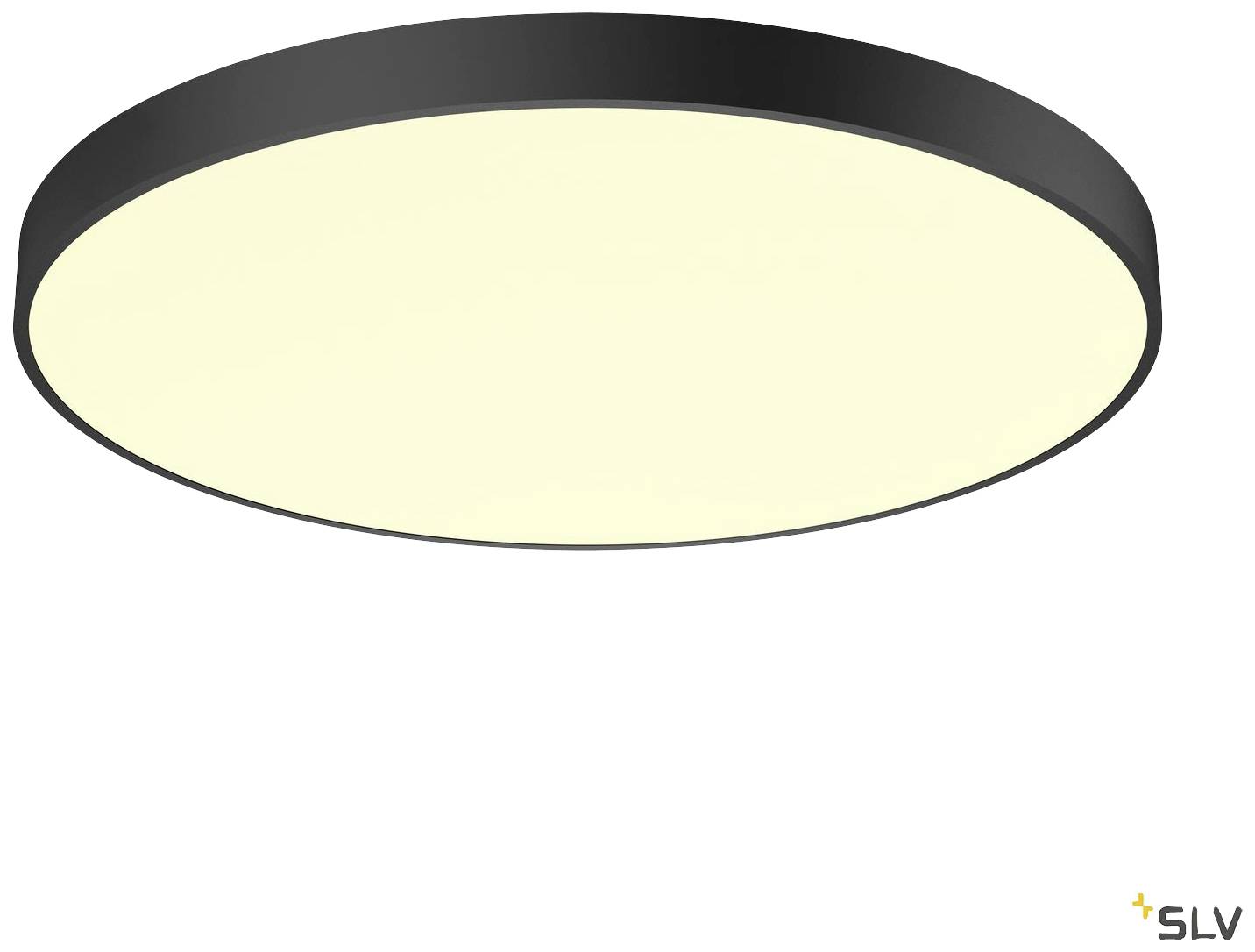 Runde, schwarze Deckenleuchte mit weißem Leuchtfeld, ideal für moderne Innenräume. Design von 'SLV'.