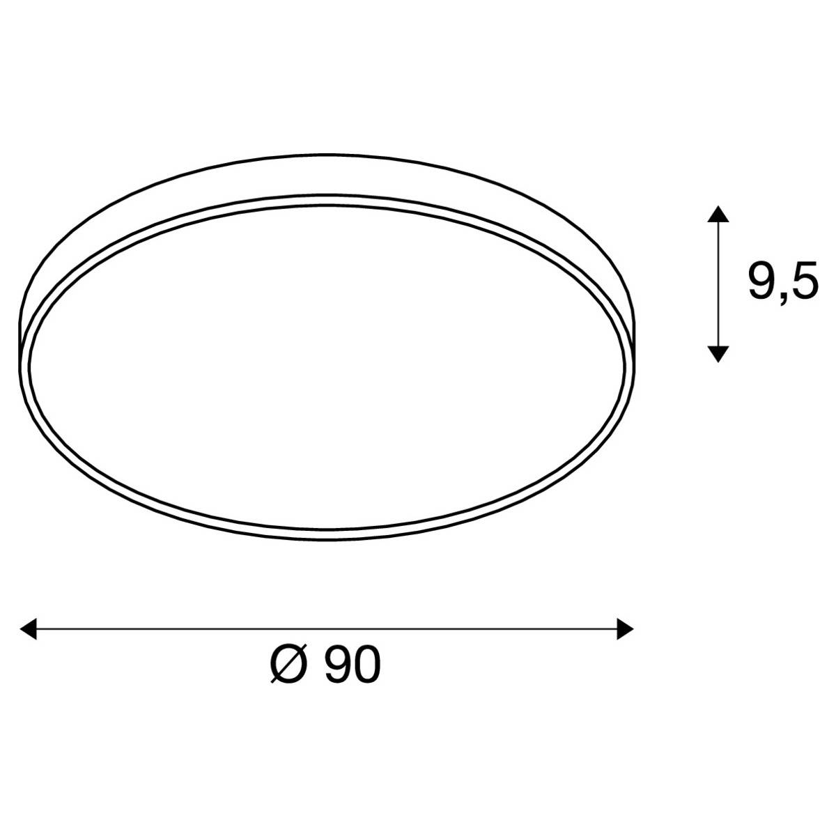 Zeichnung einer runden Scheibe mit einem Durchmesser von 90 und einer Höhe von 9,5. Pfeile zeigen die Abmessungen an.