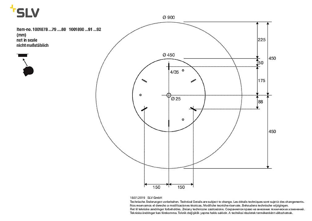 Technische Zeichnung einer runden Deckenbefestigung mit Maßen und Bohrlöchern. Maße in mm, nicht maßstabsgetreu.