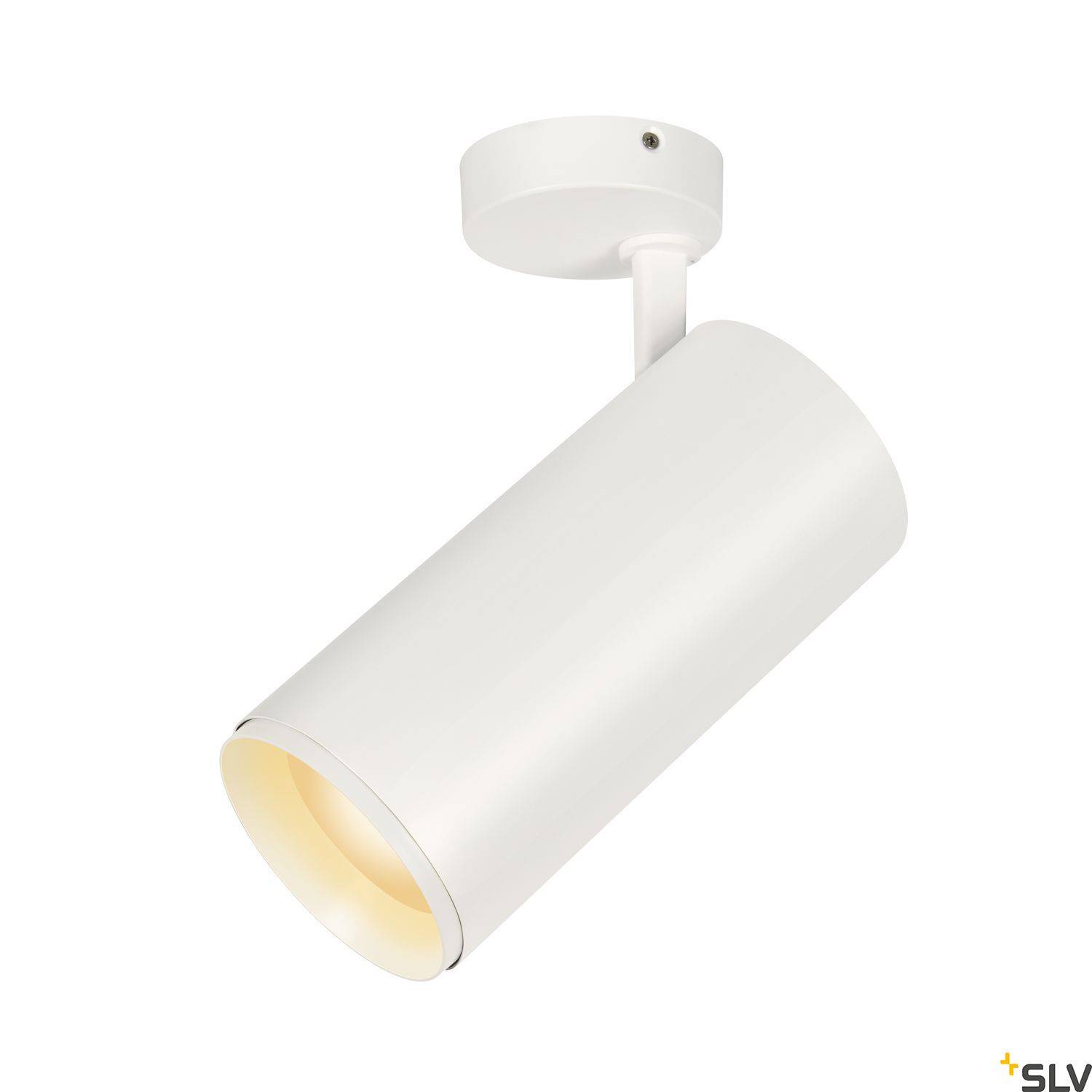 Weiße zylindrische Deckenleuchte mit schwenkbarem Kopf, montiert an einer runden Basis. Minimalistisches Design für moderne Beleuchtung.