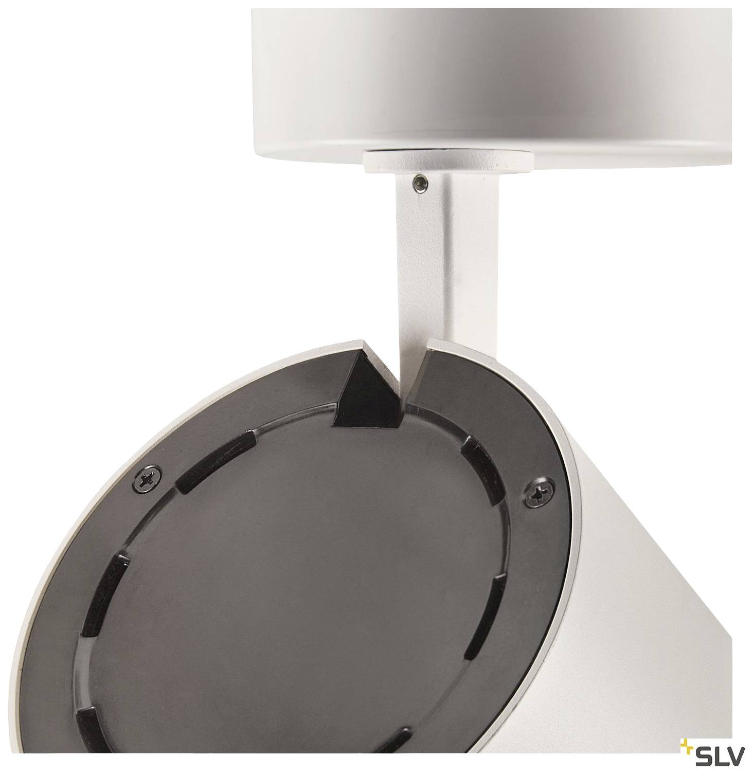 Eine weiße, moderne Lampe mit runder Basis, die an einer Wand oder Decke montiert werden kann. Sie ist schwenkbar für gezielte Beleuchtung.