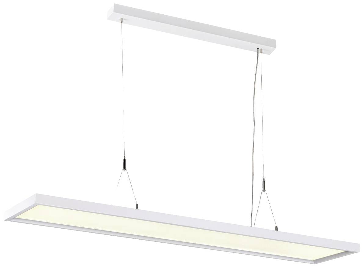 Eine moderne, rechteckige Hängeleuchte in Weiß mit zwei dünnen Kabeln zur Aufhängung. Sie hat eine flache, leuchtende Oberfläche.