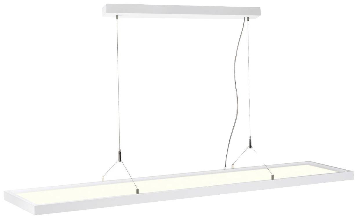 Moderne rechteckige LED-Pendelleuchte mit weißem Rahmen, aufgehängt an dünnen Drähten. Energiesparend, geeignet für Esszimmer.