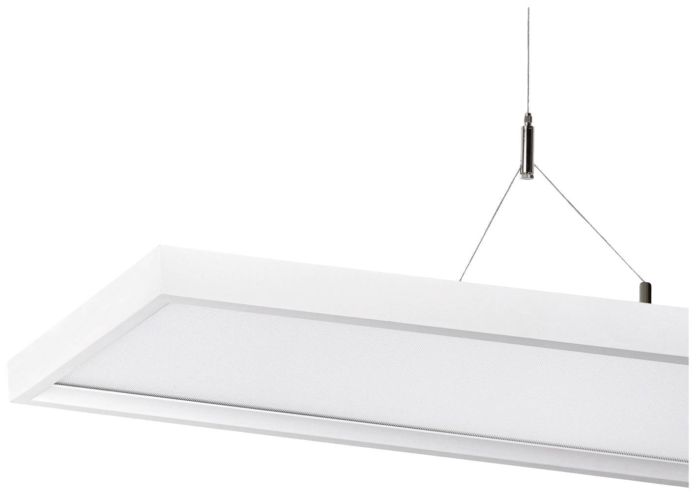 Eine rechteckige, hängende LED-Leuchte mit schlichter, moderner Gestaltung. Sie ist an dünnen Seilen von der Decke befestigt.