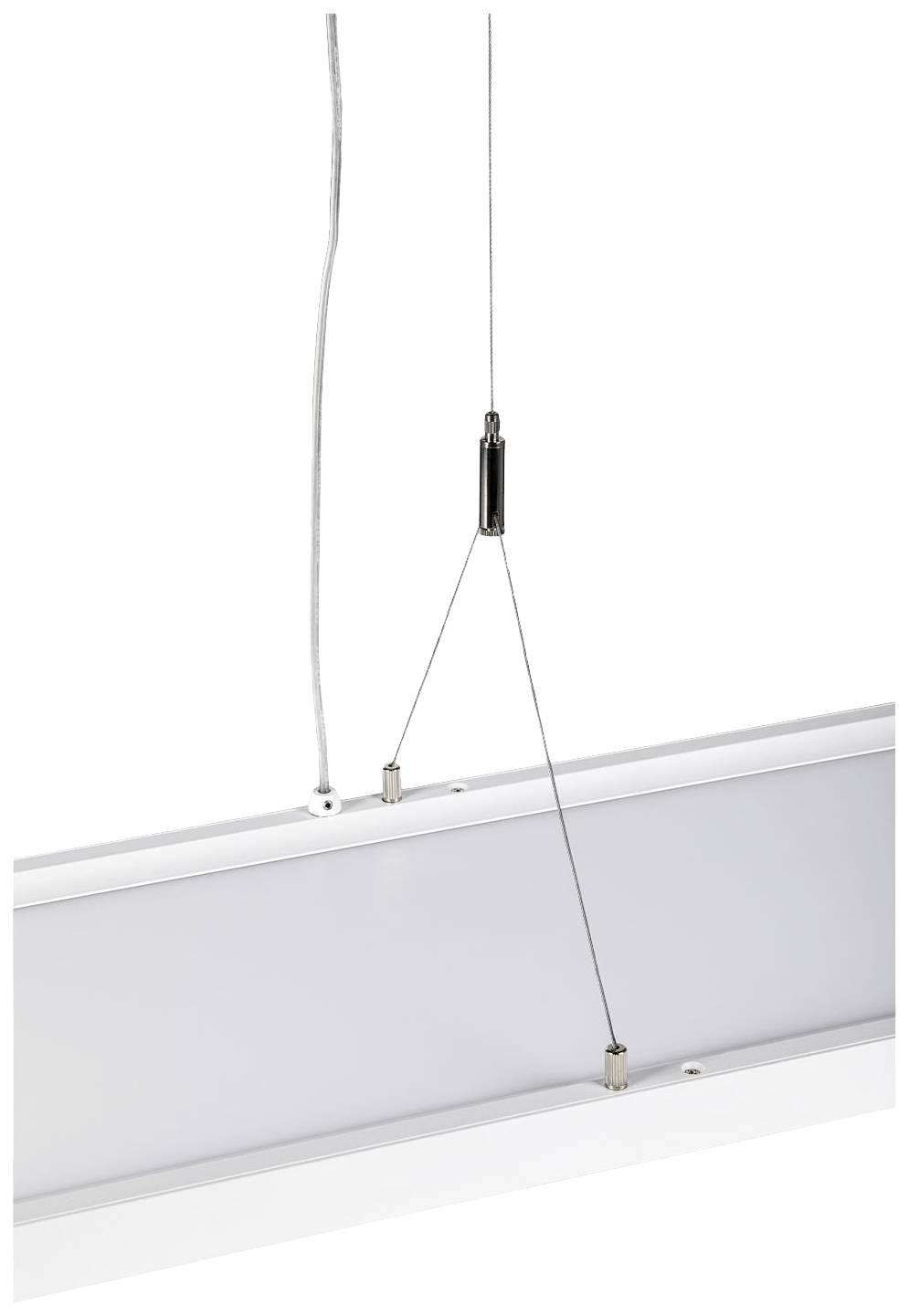 An einem Kabel hängender rechteckiger Rahmen mit Lichtern, montiert in einem Raum.