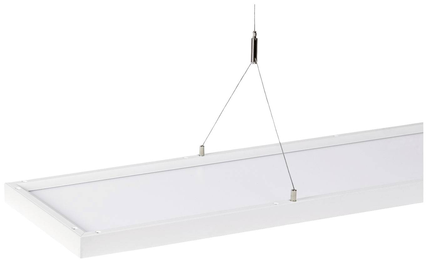 Eine rechteckige, weiße LED-Hängeleuchte mit zwei Kabeln, die von der Decke hängt. Geeignet für moderne Innenraumbeleuchtung.