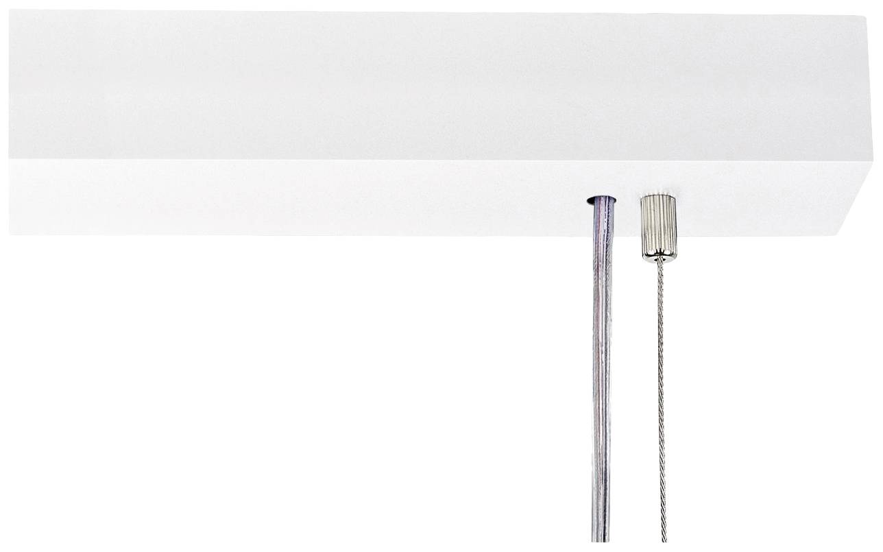 Eine rechteckige, längliche weiße Deckenleuchte mit zwei herabhängenden Kabeln.