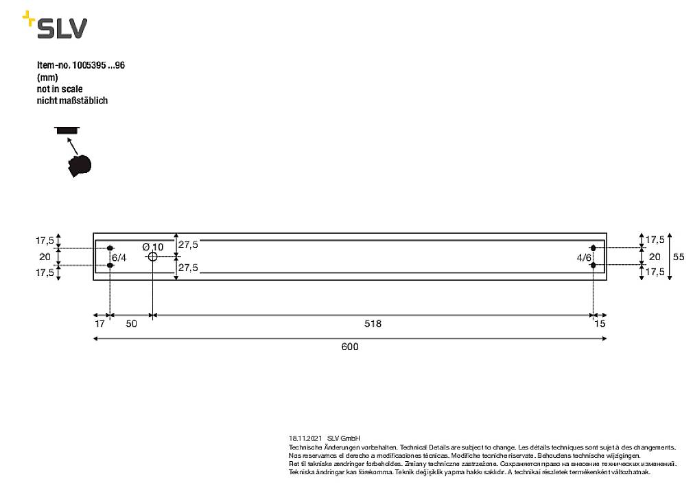 'SLV' Lichtleiste, technische Zeichnung mit Maßen wie Länge 600 mm und Bohrlochdurchmesser 4/6 mm, nicht maßstäblich dargestellt.