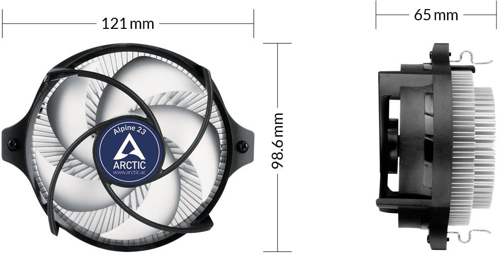 Luftkühler 'ARCTIC Alpine 12' in Draufsicht mit Maßen 121 mm Breite und 98,6 mm Höhe; Seitenansicht zeigt Höhe von 65 mm.