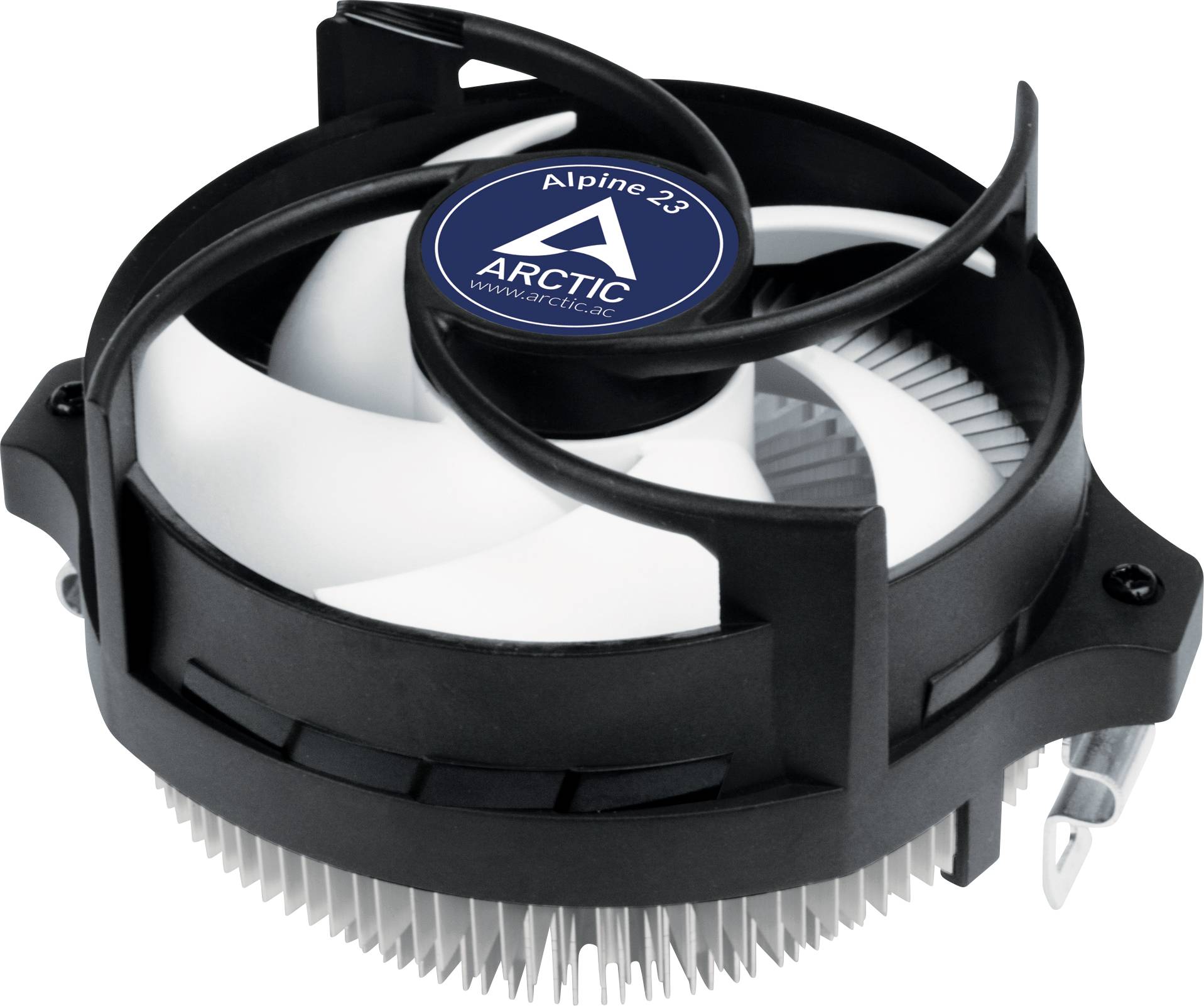 'Kühler Arctic Alpine 23' mit Lüfter und Kühlrippen. Schwarzes Gehäuse, weißer Lüfter. Wird zur Kühlung von Computerprozessoren verwendet.