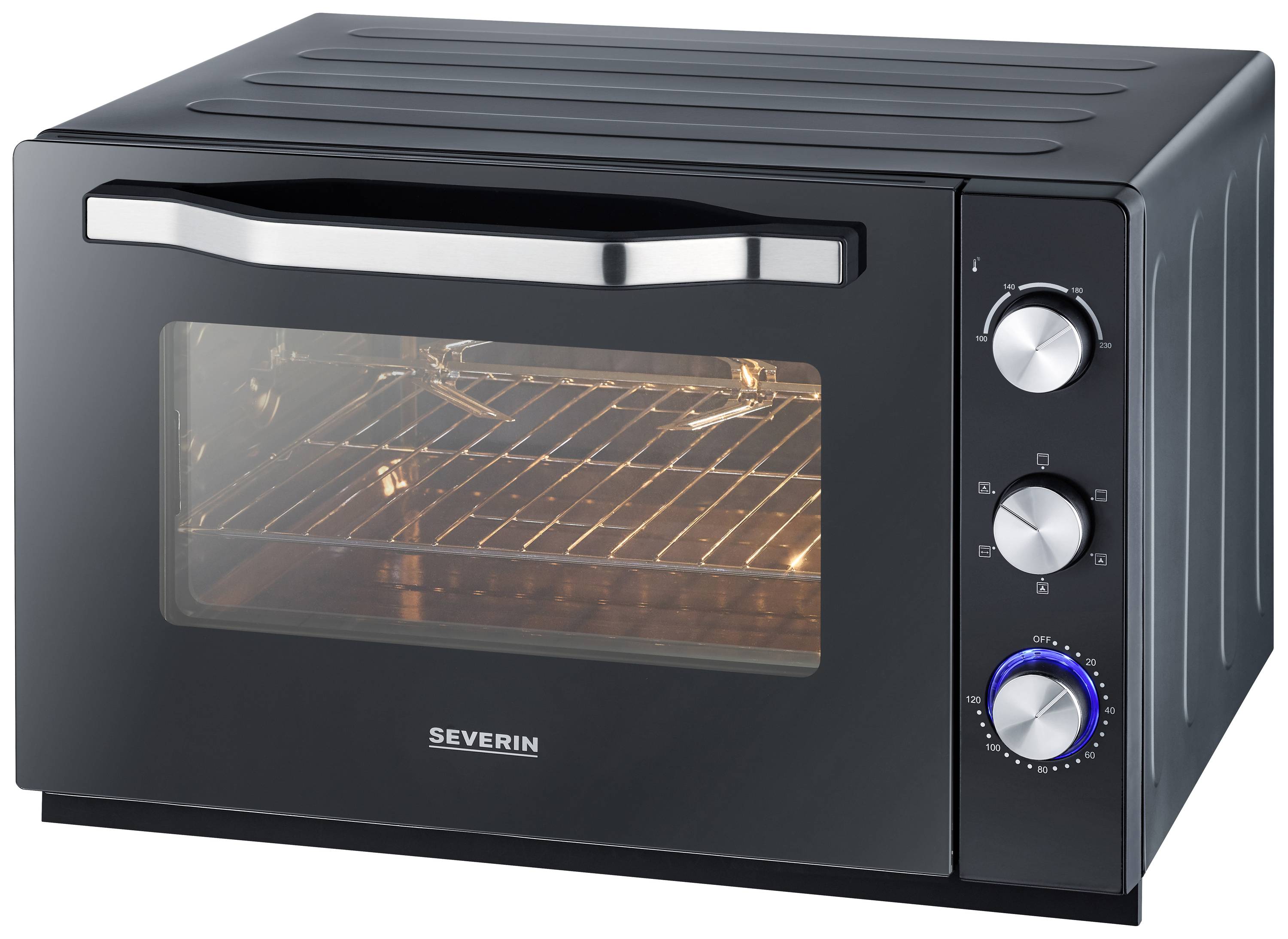 Schwarzer Tischbackofen mit Glastür, einem silbernen Griff und drei Drehknöpfen an der Seite zur Temperatur- und Heizungsregelung.