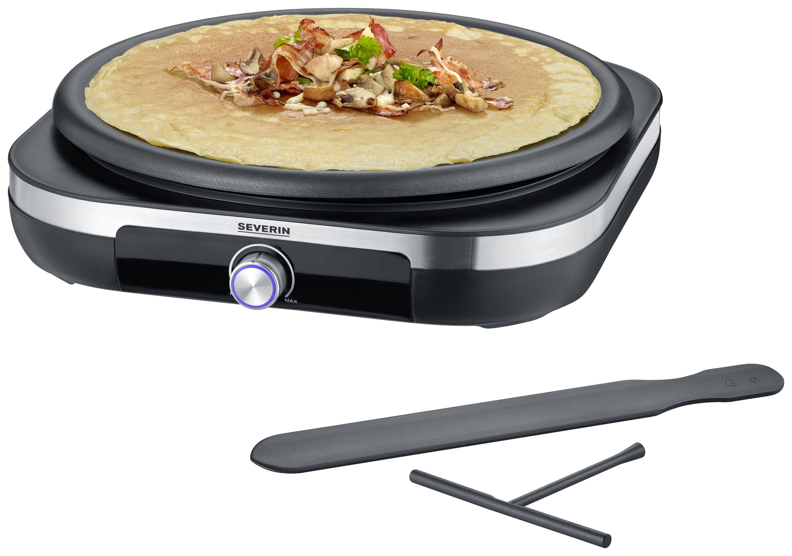Severin CM 2199 Crépes Maker Antihaftbeschichtung, stufenloser Temperaturregler Schwarz, Edelstahl
