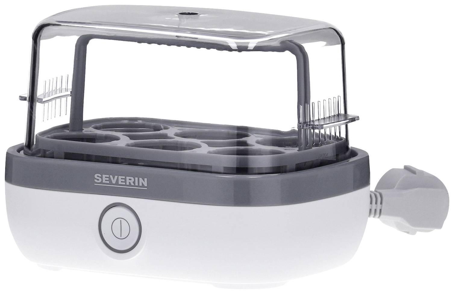 Ein weißer Eierkocher mit grauem Rand und transparentem Deckel, geeignet zum Kochen mehrerer Eier gleichzeitig.