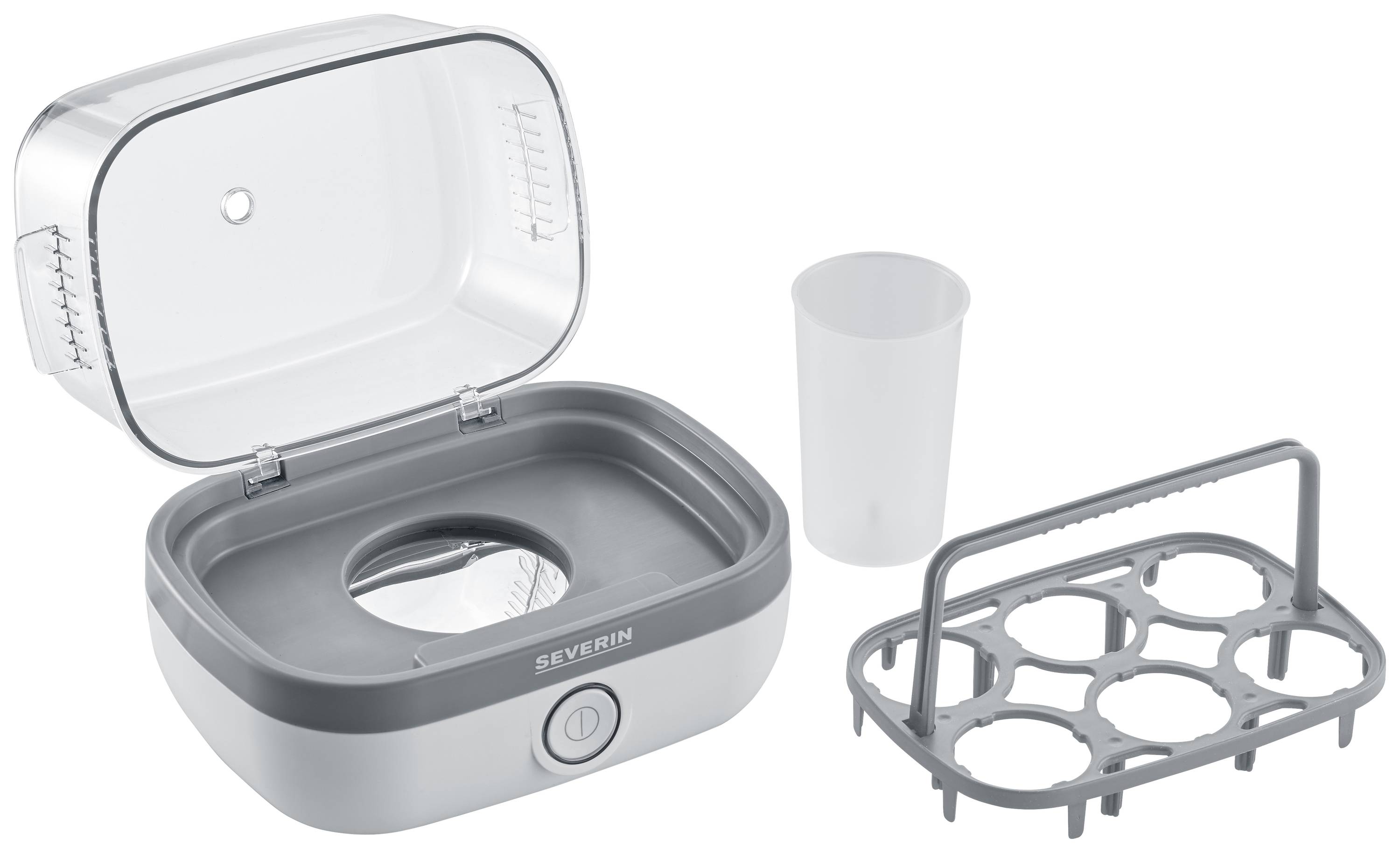 Ein elektrischer Eierkocher mit geöffneter Klappe, einem Messbecher und einem Eierhalter für bis zu sechs Eier.