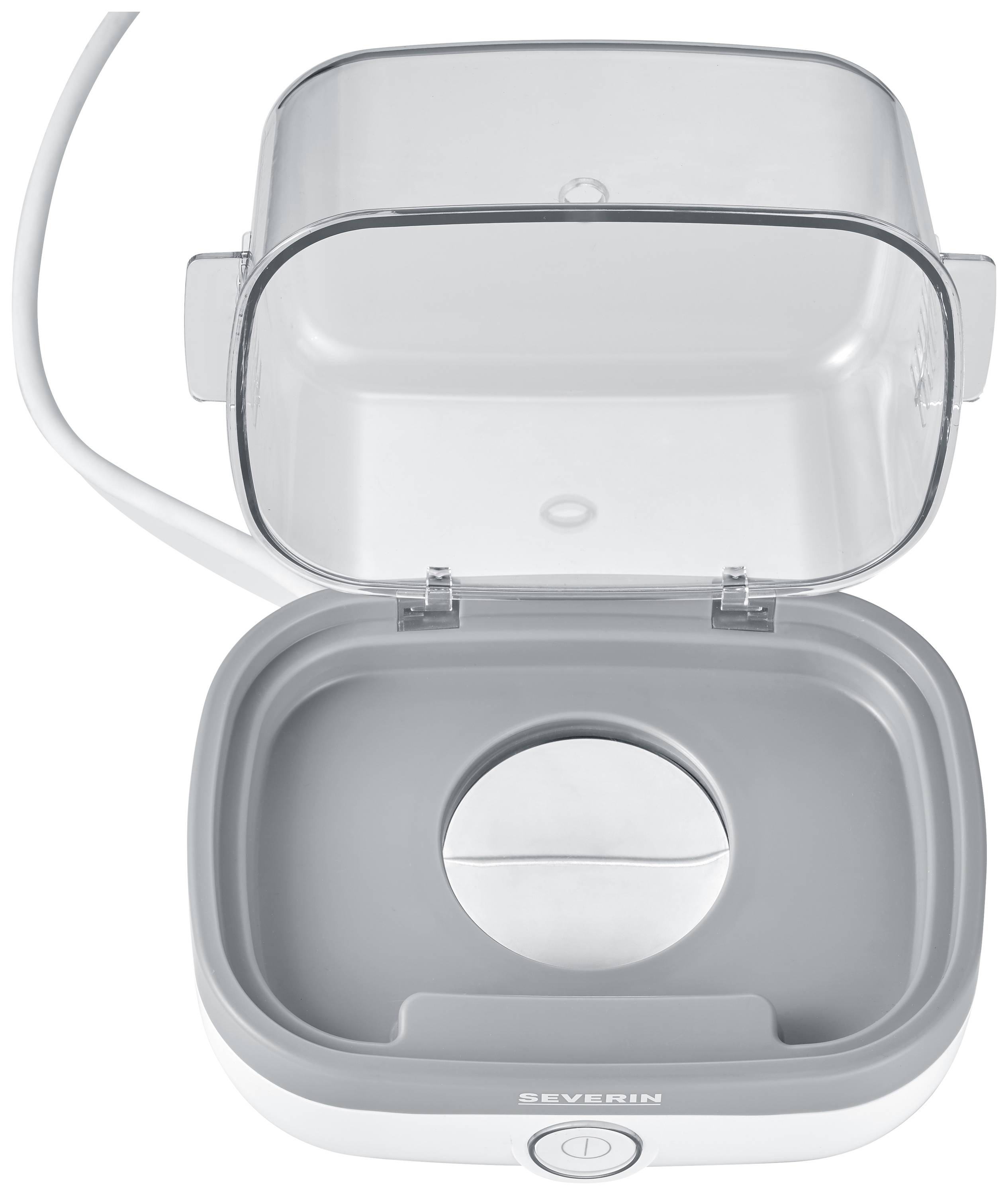 Elektrische Joghurtmaschine mit transparentem Deckel geöffnet. Gerät hat eine weiße Basis mit grauem Innenraum und rundem Behälter.